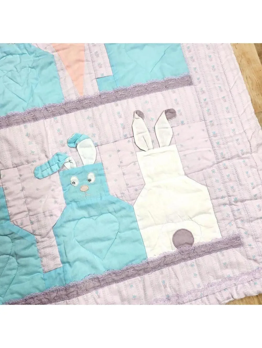 Handmade Baby Quilt with Bunny Pattern Blanket in Blue, White and Lavender